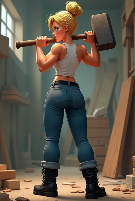 A tall, buff female Family Guy character that has blonde hair tied in a bun, wearing a white tank top tucked into blue jeans with a black colored belt, and black boots lookimg away from the camera with the camera looking up at her. She is holding a sledgeh...