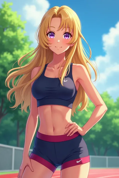 Masterpiece, best quality, 1girl, solo, teen, quarter Japanese, blonde hair, long hair, purple eyes, side parted bangs, short bangs, smile, medium breasts, sports bra, buruma, outdoors, track and field, smug