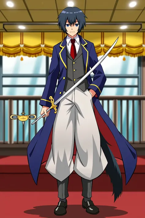 Zero no, Hiraga Saito, 2d, cheered up, sostiene Derflinger(his sword) dressed in a blue coat, Black pants, White shirt, hidden red tie, black shoes, blue eyes, semi large, whole body, black fur, 