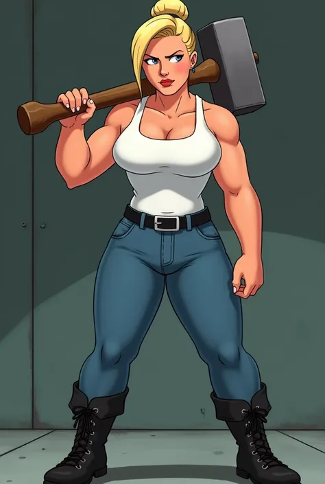 A tall, buff female Family Guy character that has blonde hair tied in a bun, wearing a white tank top tucked into blue jeans with a black colored belt, and black boots lookimg away from the camera with the camera looking up at her. She is holding a sledgeh...