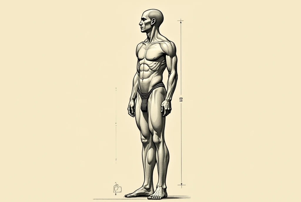 Drawing of the figure of a man in which the traces of the human proportionality technique of ancient Egypt can be seen 