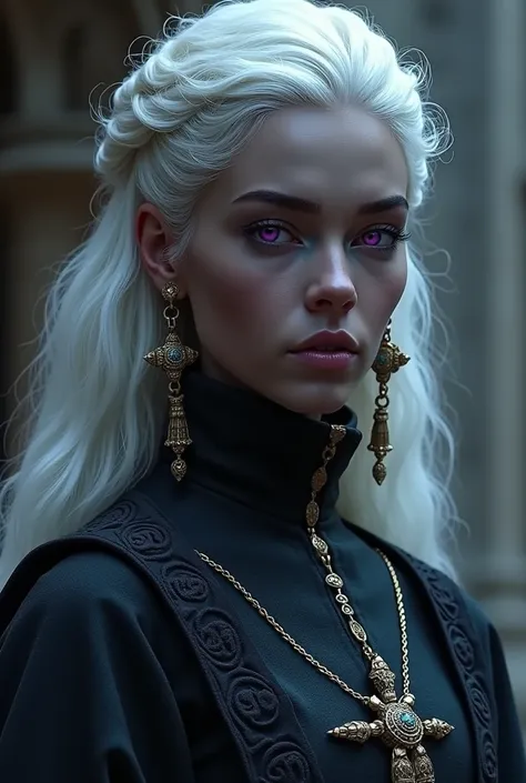 Woman (30 years old), white hair, purple eyes, black skin, medieval clothes, based on the "A Song of Ice and Fire" franchise by writer and screenwriter George RR Martin 