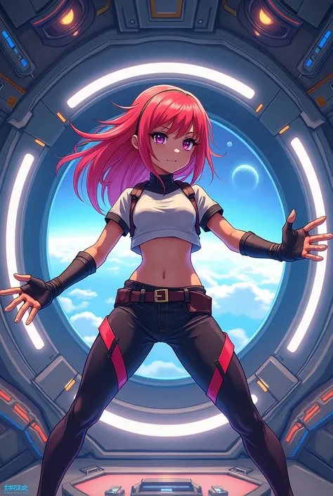 Vibrant, anime-style illustration action shot, establishing, ParadiseGirl Airlock