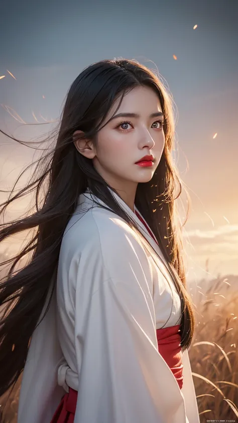 (Highest quality), (masterpiece), (detailed:1.4), 3d, Fantasy art, (Red glowing eyes), red eye, (Very long white hair blowing in the wind), (Japanese women), (Japanese white kimono), Arabic style image of a woman, (White Face), (White skin), (Narrow eyes),...