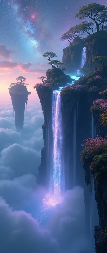 Floating islands with cascading waterfalls that disappear into the clouds below, with glowing, bioluminescent plants lining the cliffs. The clouds are illuminated by a soft, otherworldly glow, with a vibrant sky full of stars and nebulae above.