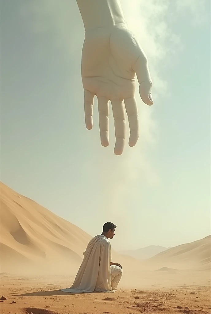 I want to create an image of a man crouching on his knees in a deserted place dressed in white Greek-style clothing with dunes in the background while a large outstretched hand appears from the sky above towards the earth. 