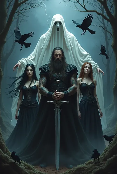 Terrifying image of four characters, On the left a gothic witch with long black hair tattoos, A Viking Ragnar in the center of the image with his hands resting on a sword, On the right a witch with brown hair tattoos, Behind them a ghost with a sheet, They...