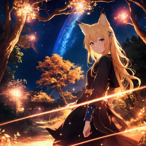 Blonde Hair, Fox Ears, student, travelling, deep wood, sky, full of stars, rainbow
High Resolution, Super Detailed, Multiple Views, Sparkle, Motion Lines, Lens Flare, Cinematic Lighting, Anime Style, Ghibli-like Colors, Hyperrealism, Hyperdetailed, 