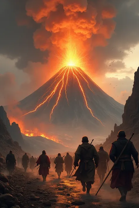 Volcano erupting and peasants escaping

