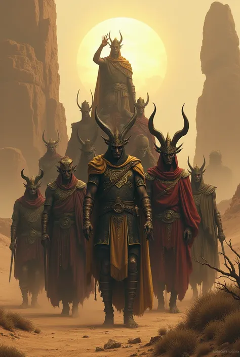 I want to create an image of several demons of different types and ranks dressed in Roman clothing in different orders of rank from highest to lowest from soldier to commander in a desert place with dunes and dark