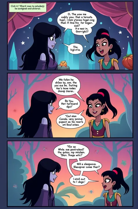 Make a comic with Marceline from Adventure Time talking to Luz from the Owl House about a sleepover at She-Ra&#39;s house