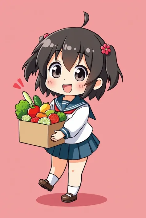 Japanese JK black cartoon carrying fruits, snacks and vegetables，Very happy expression，Q version，Solid pink background