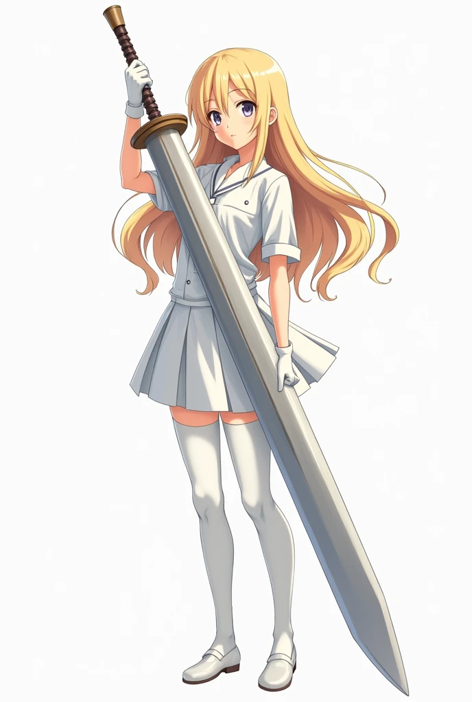 Blonde anime girl，white school uniform，White pleated skirt，white pantyhose，Long white gloves，Holding a huge sword in his right hand