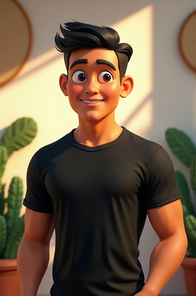 3D cartoon realistic Indonesian man. 2. black t-shirt. aesthetic background.