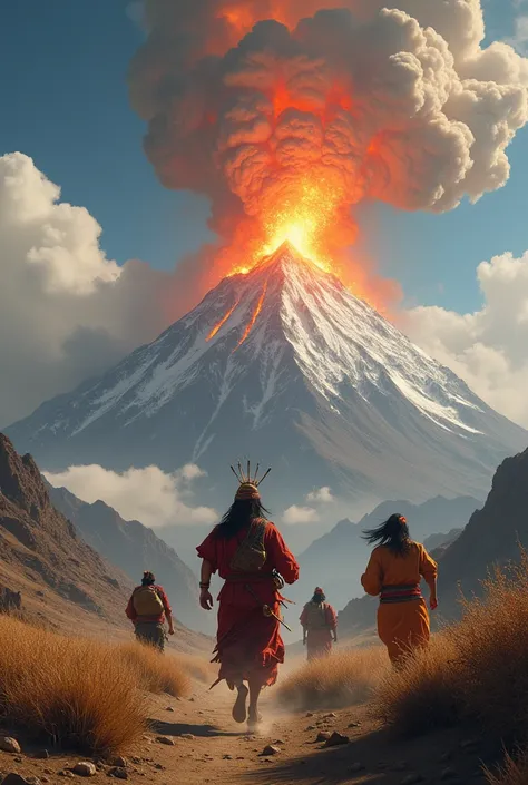 Erupting volcano and Peruvian indigenous people running

