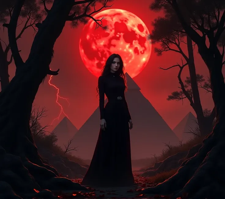 (photorealism:1.2), alicia at blood moon night in the forest 1:1 ratio photo pyramids and thunderstorms included