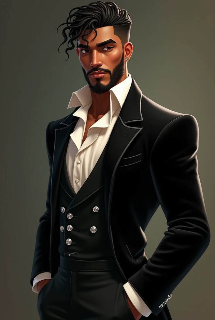 Pixar Disney Animations. A man from the 18th century. black mulatto he is tall . This man is mysterious and sexy. has a rectangular face and a patchy beard and raised arched eyebrow. Her short wet curly hair. Wear a black velvet blazer with silver details,...