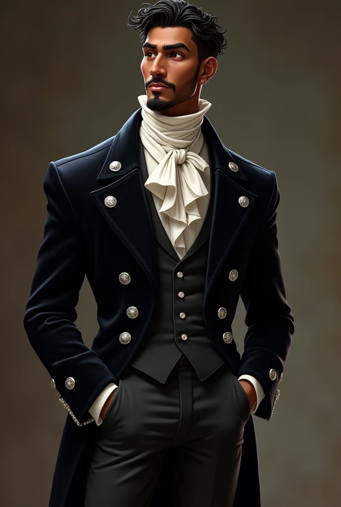 Pixar Disney Animations. A man from the 18th century. black mulatto he is tall . This man is mysterious and sexy. has a rectangular face and a patchy beard and raised arched eyebrow. Her short wet curly hair. Wear a black velvet blazer with silver details,...