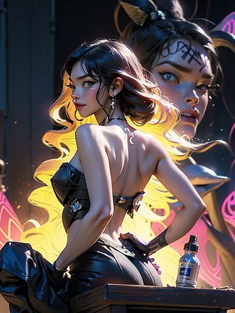 retrato altamente detalhado de one mulher tatuada, with a mini dress, one , por Atey Ghailan, por Greg Rutkowski, by greg tocchini, por James Gillard, por Joe Fenton, by Kaethe Butcher, voluptuous, super detailed face, wide curvy, highly detailed accentuat...