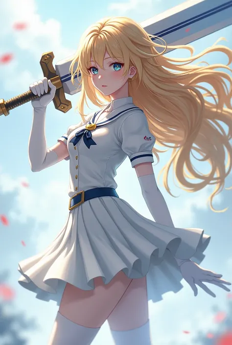 Blonde anime girl，white school uniform，White pleated skirt，white pantyhose，Long white gloves，Holding a huge magic sword in his right hand