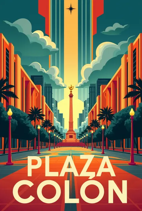 I need it to say Plaza Colón in art deco typography with vibrant colors and geometrical