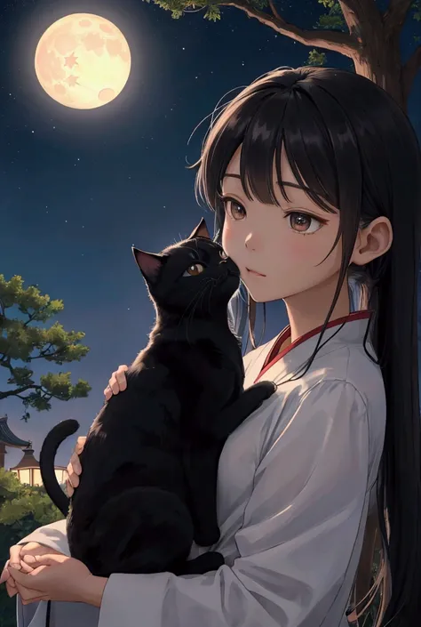 満天のstar空の下、A black kitten is sitting at the base of a tree。star々Incredibly close、Shining so close it&#39;s like you can reach out and touch it、A fantastic light surrounds the area。The moon is floating high、A soft light spreads around the cat。」