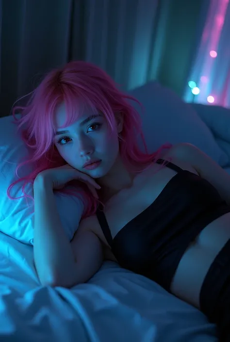 Goth gril, lay on bed, wearing a cropped, pink long hair, led lights