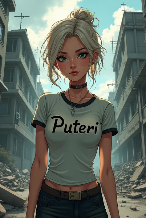 Sexy realistic cartoon white woman with logo PUTERI on shirt apocalyptic background