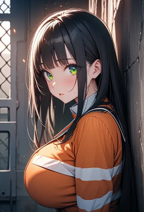 Masterpiece, ultra detailed, 8k, best quality, novel illustration, 1girl, voluptuous, curvy, orange prison uniform, prison, ultra-detailed face, Black Hair, longHair, blunt bangs, cute eyes, green-eyed, leaning against wall