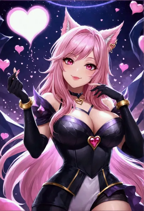 Veera (arena of valor) pink hair, pink heart shaped eyes, contemptuous flirting smile emoticon, blowing kiss to drop heart, queen of the night succubuss, attending party 