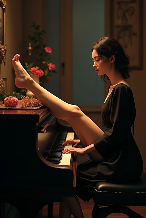 Woman playing piano but with her feet she stretches her legs towards the keys