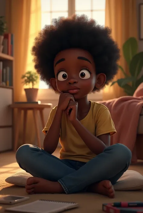 black boy with afro thinking sitting at home