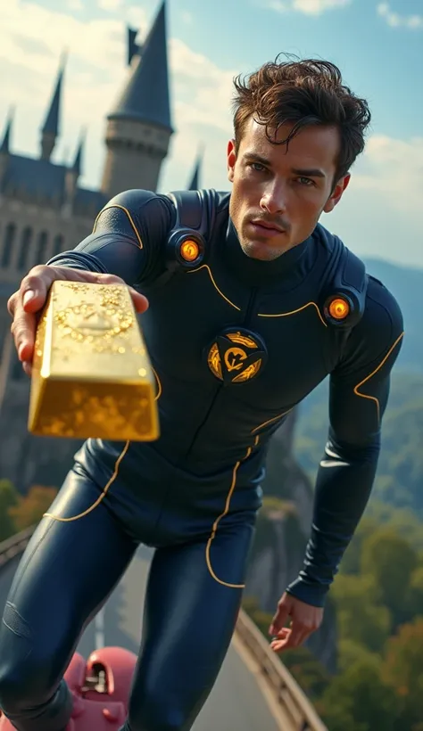 1man, hansome man, holding big 24k gold bar, wearing a futuristic dark blue uniform full of light, flying on a rocket skateboard at Hogwarts sky, looking at the viewer, facing the front, EPIC SCENE, super detailed, UHD,. 4k go-pro cam, photography taken by...