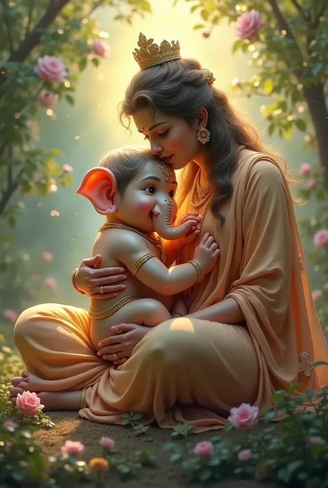 
“Describe a scene where Lord Ganesha is lovingly cradled in the lap of the divine mother, capturing the essence of their deep spiritual connection and the serene environment around them. Focus on the symbolism, emotions, and the setting to evoke a sense o...