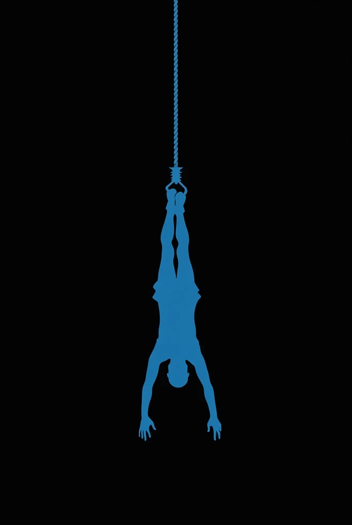 Design a simple logo using only black and blue. The background is pure black and the logo is blue. The logo content is a person hanging himself. 