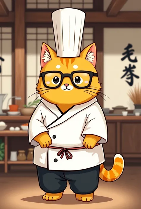 Yellow humanized cat Japanese chef wearing glasses