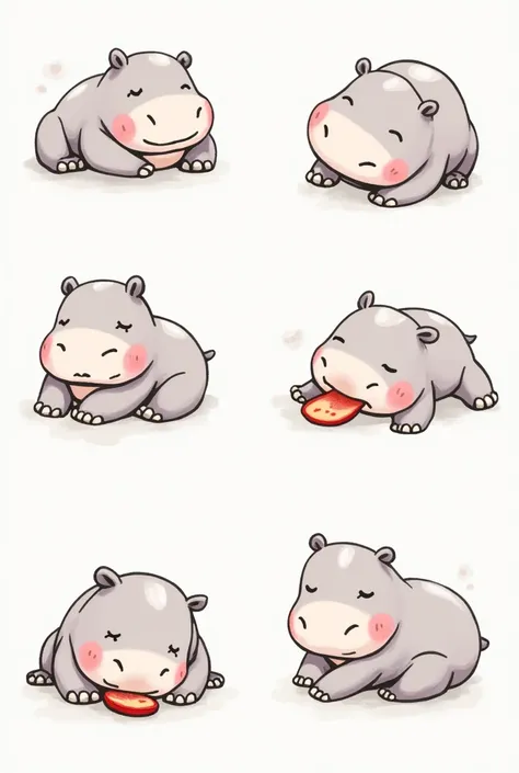 Set of sticker no shadow , japanese minimal,  on White  background ,Black ink lines with soft watercolor accents. Border trim around 30px  ,a baby hippo , pink cheek , dynamic pose , sleep eat  play worke bite