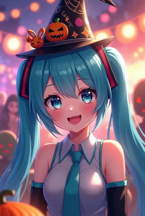 Hatsune Miku, woman
Halloween party
wear party hut
look fun, smile