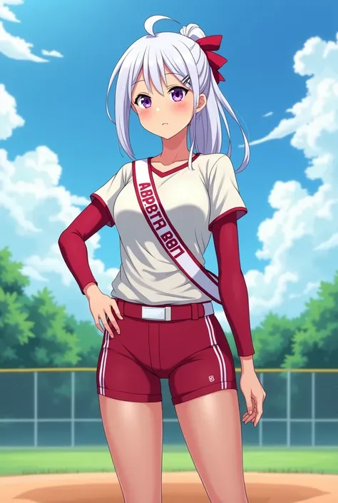 HD、Animation style、white hair 、Purple Eyes、girl、plump breasts 、High school student 、single ponytail、Baseball player、Light color short sleeve top、Long sleeve red underwear、Good shape、Thin、sash、Sky、cloud、sunny、Baseball field
