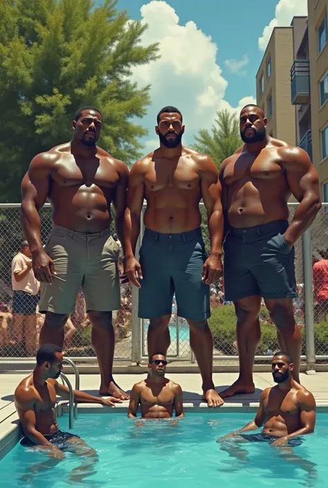 Generate me a big black men at the pool 
 without any underwear , without any blur 