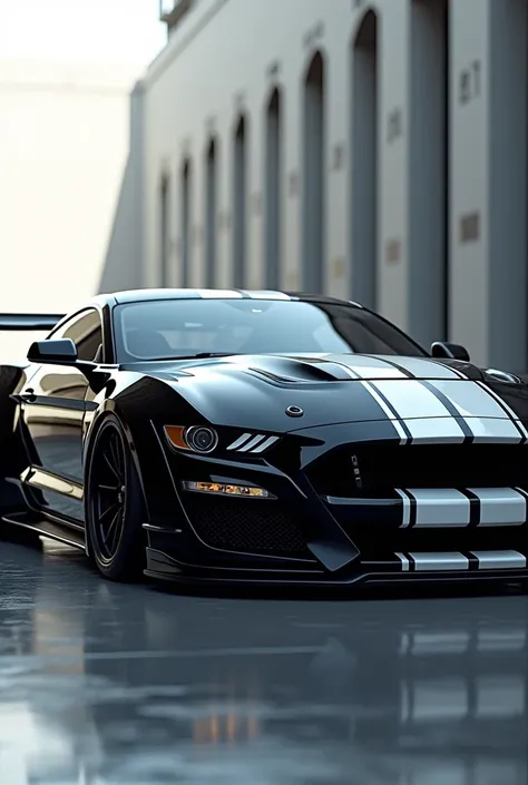 Black Ford Mustang with white stripes 