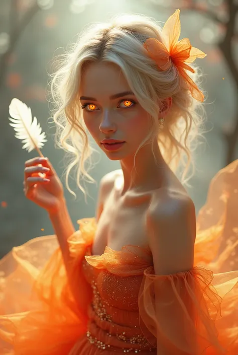 A blonde woman with curly hair floating With a white feather in her hand With fire in her eyes dressed in an orange dress Very pretty with shiny skin With a bow on her head anime style