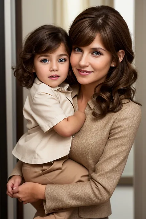 A 3 Caucasian woman and mother, expressive brown eyes, small mouth, medium, light brown hair with a few light highlights, with an entrepreneurial air and formal clothes. She holds a  white-skinned child, eyes browns, black curly hair and bangs and cheerful...