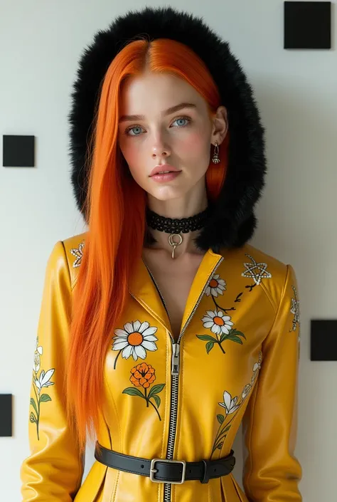 Garota bonita de cabelo orange liso com uma bota preta com correntes na bota (big boot) com vestido amarelo de couro com detalhes de flowers (flowers: white,yellow, orange,Unripe,) with small earring with a furry black hood on her head she has blue eyes ...