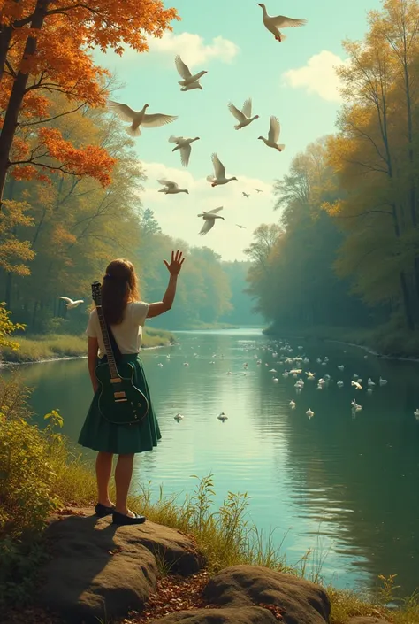 A scene on the bank of a river surrounded by a forest in which a green Gibson electric guitar girl waves with one hand to a flock of white ducks flying south. A guitar girl stands in the left corner of the frame, a flock of ducks rises into the sky in a sh...