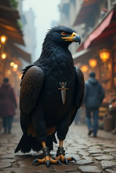 Un aigle a tête noir, marchant comme un coq, dans les rue dun marché bien animé dune ville souterraine, avec ses ailes de repliées derrière lui, et une dague dans le bec à lhohizontale à la manière du grang loup Sif de dark souls qui se battait avec une la...