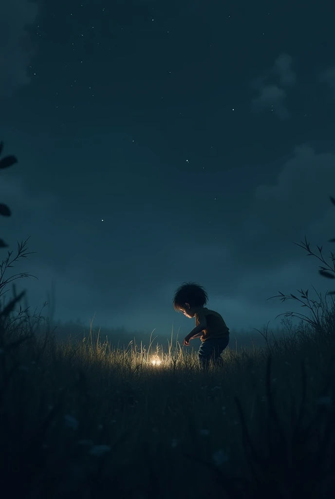 child discovering something in the darkness of a field