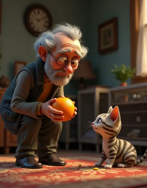 3D Pixar Animation Style of an old man with serious sad look in the middle of his living room feeding an orange. old, one eyed cat with stripes with many empty petcages in the background