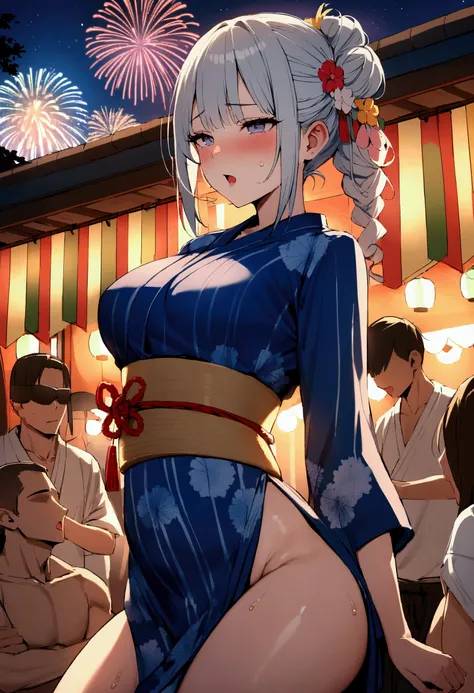 (sex),sexual class,Fireworks,summer night,tight clothes,detailed,high quality,full moon,Hanabi Taikai,yukata dress,Japanese festival,hidden from people,jugete sexual