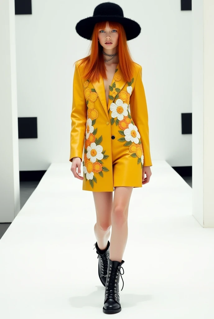 Garota bonita de cabelo orange liso com uma bota preta com correntes na bota (big boot) com vestido amarelo de couro com detalhes de flowers (flowers: white,yellow, orange,Unripe,) with small earring with a furry black hat on her head she has blue eyes B...